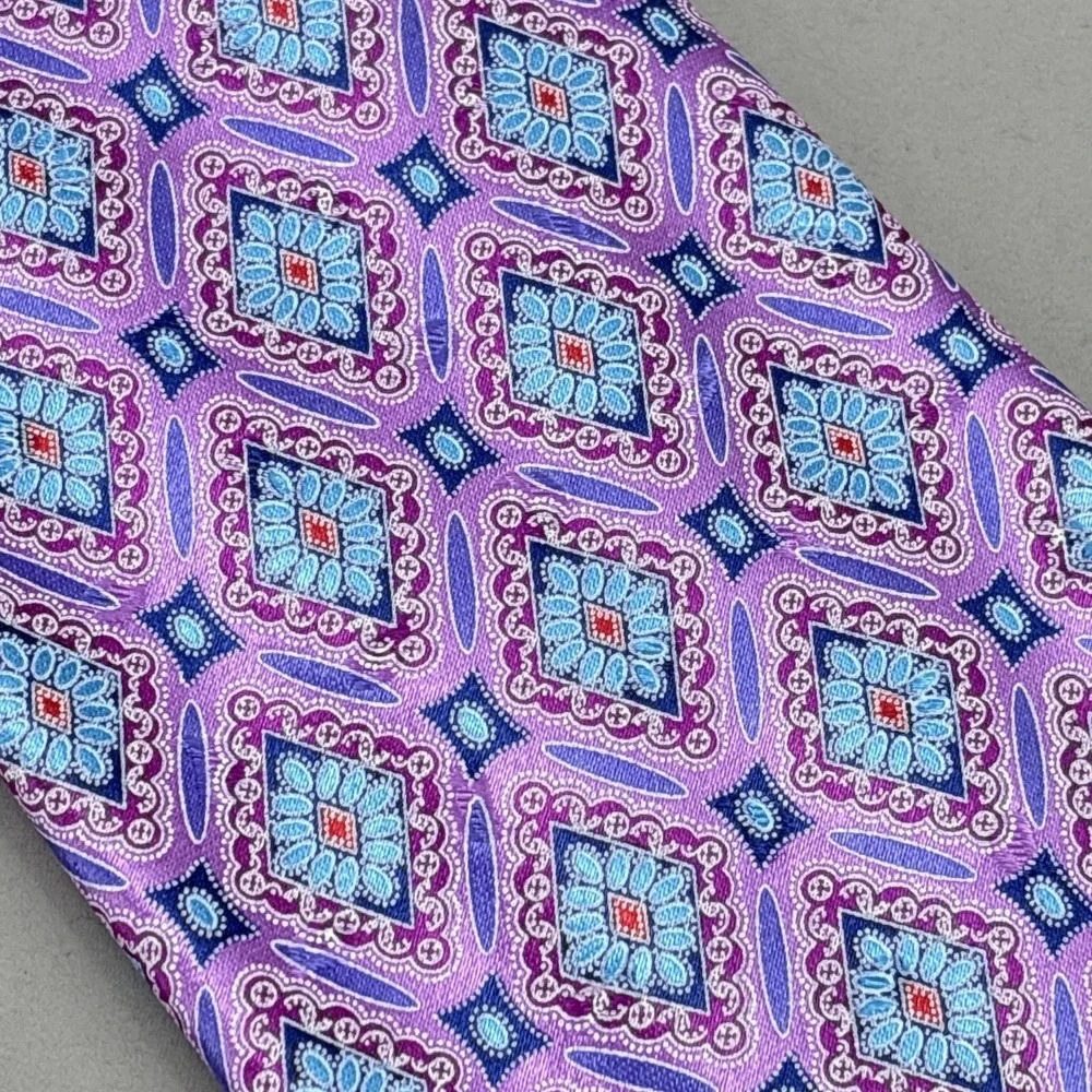 Ermenegildo Zegna Tie Purple Blue Geometric Medallion‎ Satin Silk Italy Luxury